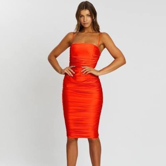 Nookie Cooper Ruched Midi Dress Red Tangerine size Medium - Picture 3 of 17